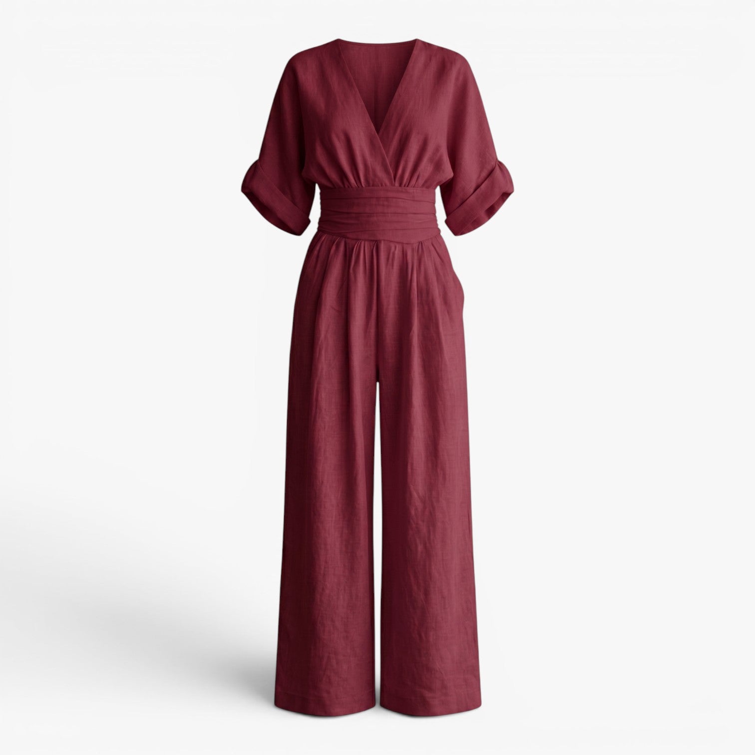 Women's V-Neck Wide Leg Jumpsuit with Pleated Waist
