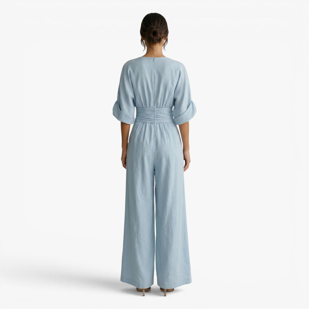 Women's V-Neck Wide Leg Jumpsuit with Pleated Waist