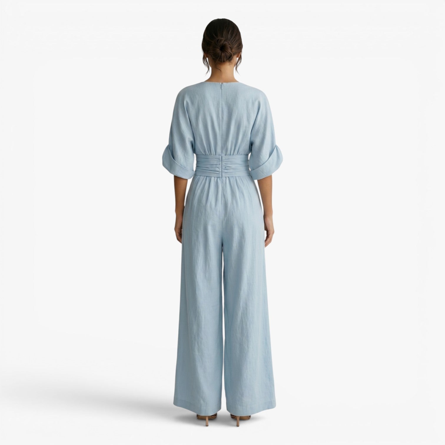 Women's V-Neck Wide Leg Jumpsuit with Pleated Waist