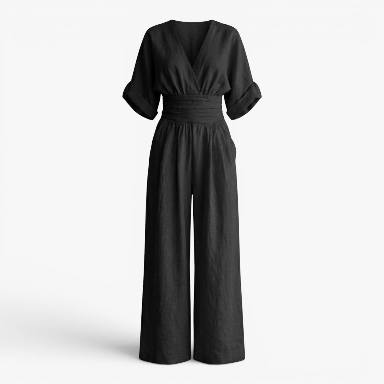 Women's V-Neck Wide Leg Jumpsuit with Pleated Waist