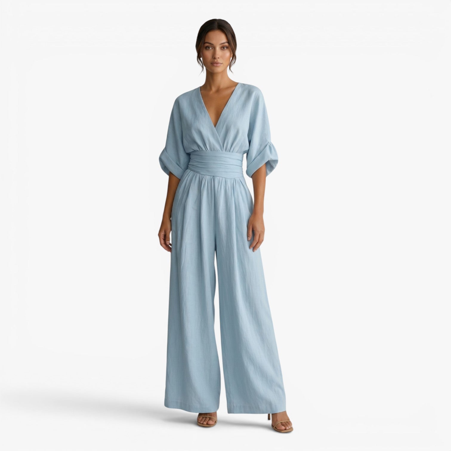 Women's V-Neck Wide Leg Jumpsuit with Pleated Waist