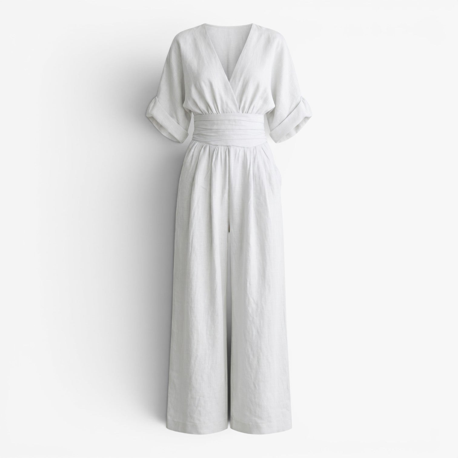 Women's V-Neck Wide Leg Jumpsuit with Pleated Waist
