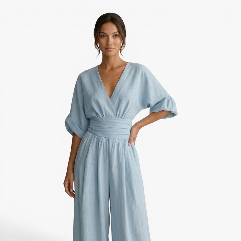 Women's V-Neck Wide Leg Jumpsuit with Pleated Waist