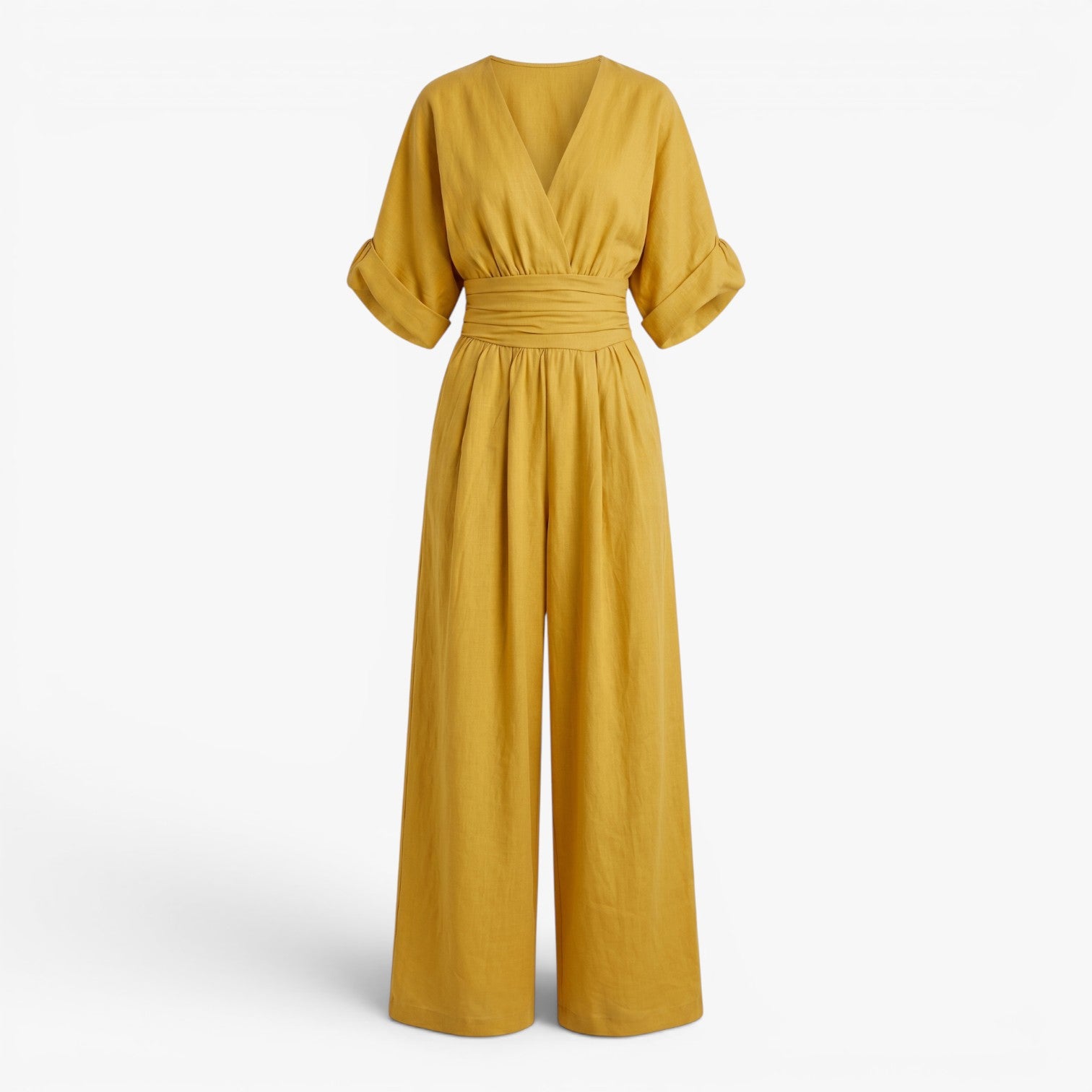 Women's V-Neck Wide Leg Jumpsuit with Pleated Waist