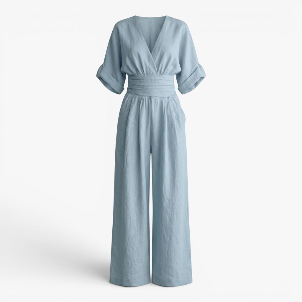 Women's V-Neck Wide Leg Jumpsuit with Pleated Waist