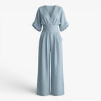 Women's V-Neck Wide Leg Jumpsuit with Pleated Waist
