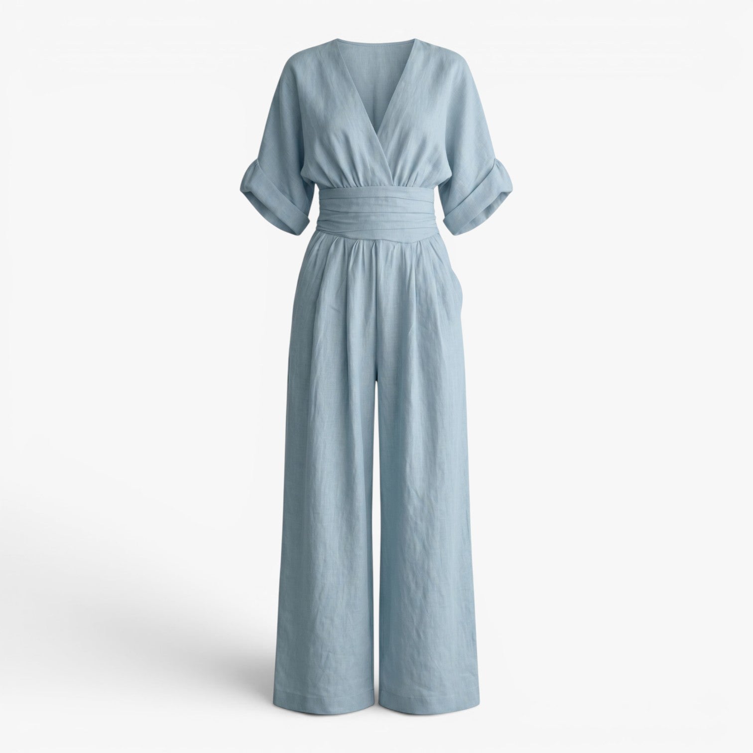 Women's V-Neck Wide Leg Jumpsuit with Pleated Waist