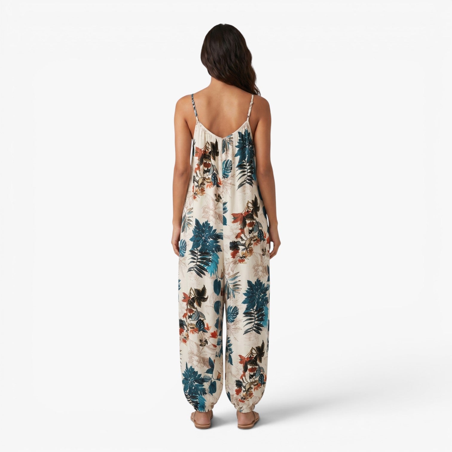 Women's Tropical Botanical Print Smocked Strap Harem Jumpsuit