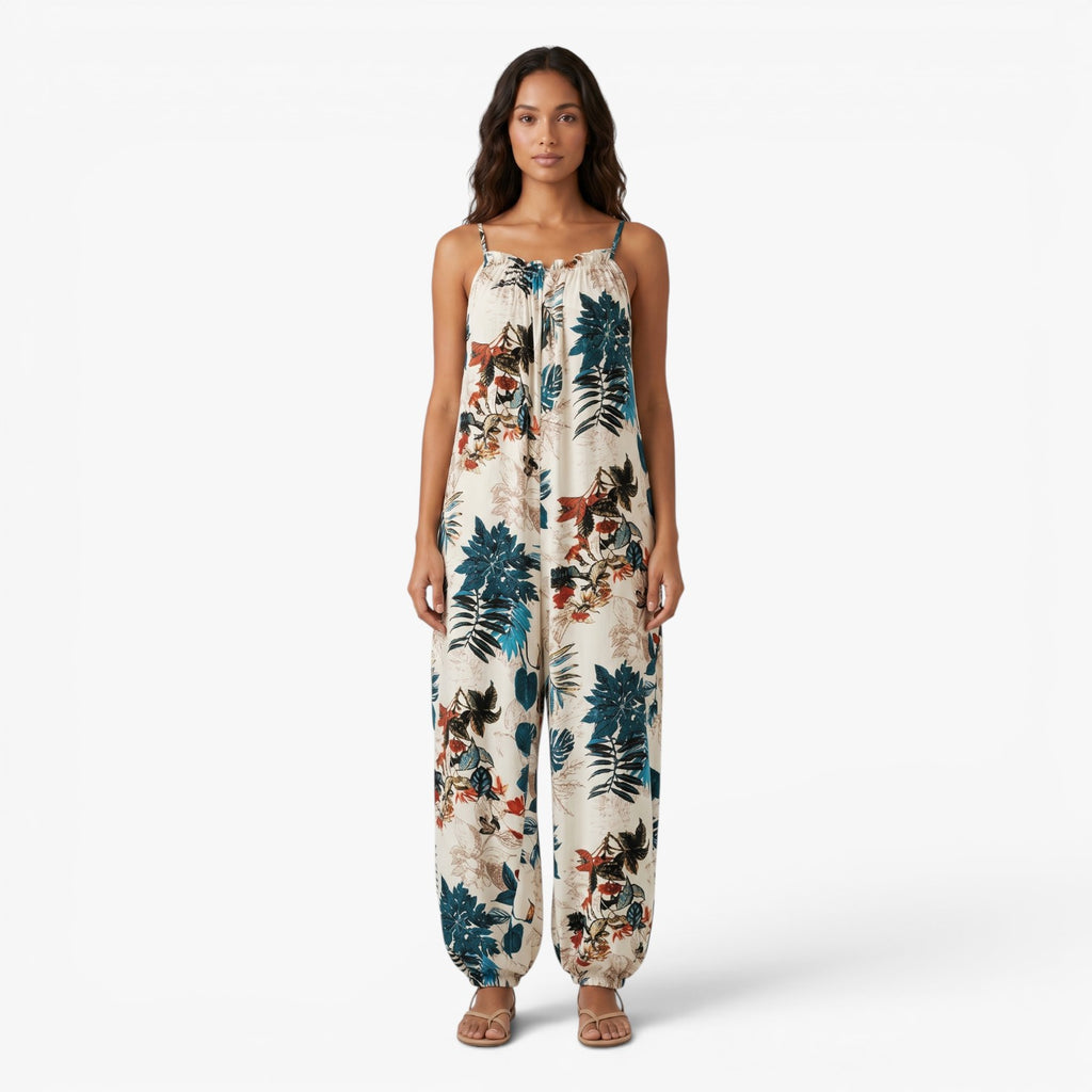 Women's Tropical Botanical Print Smocked Strap Harem Jumpsuit