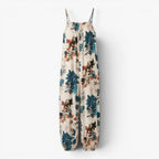 Women's Tropical Botanical Print Smocked Strap Harem Jumpsuit