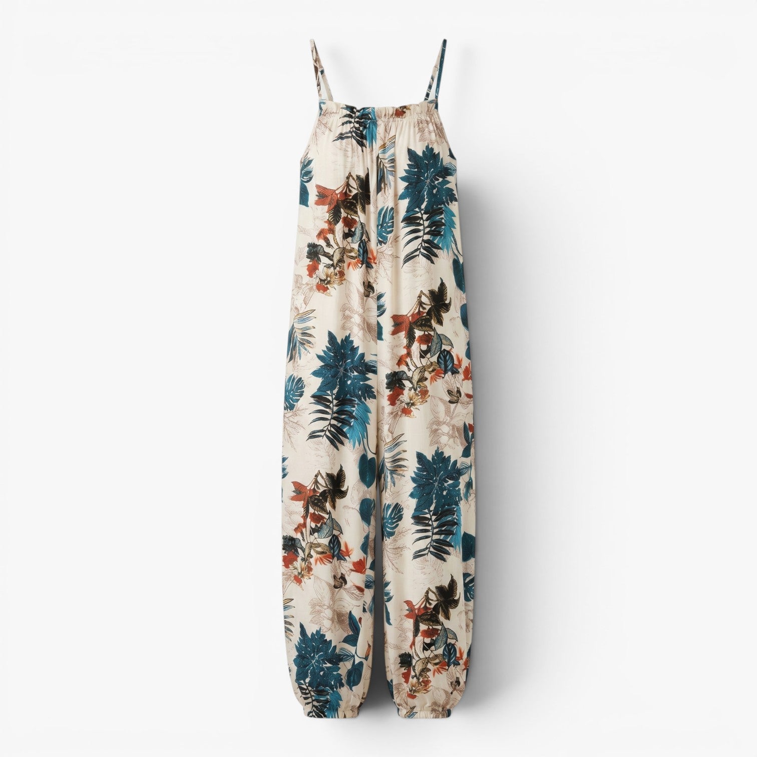 Women's Tropical Botanical Print Smocked Strap Harem Jumpsuit