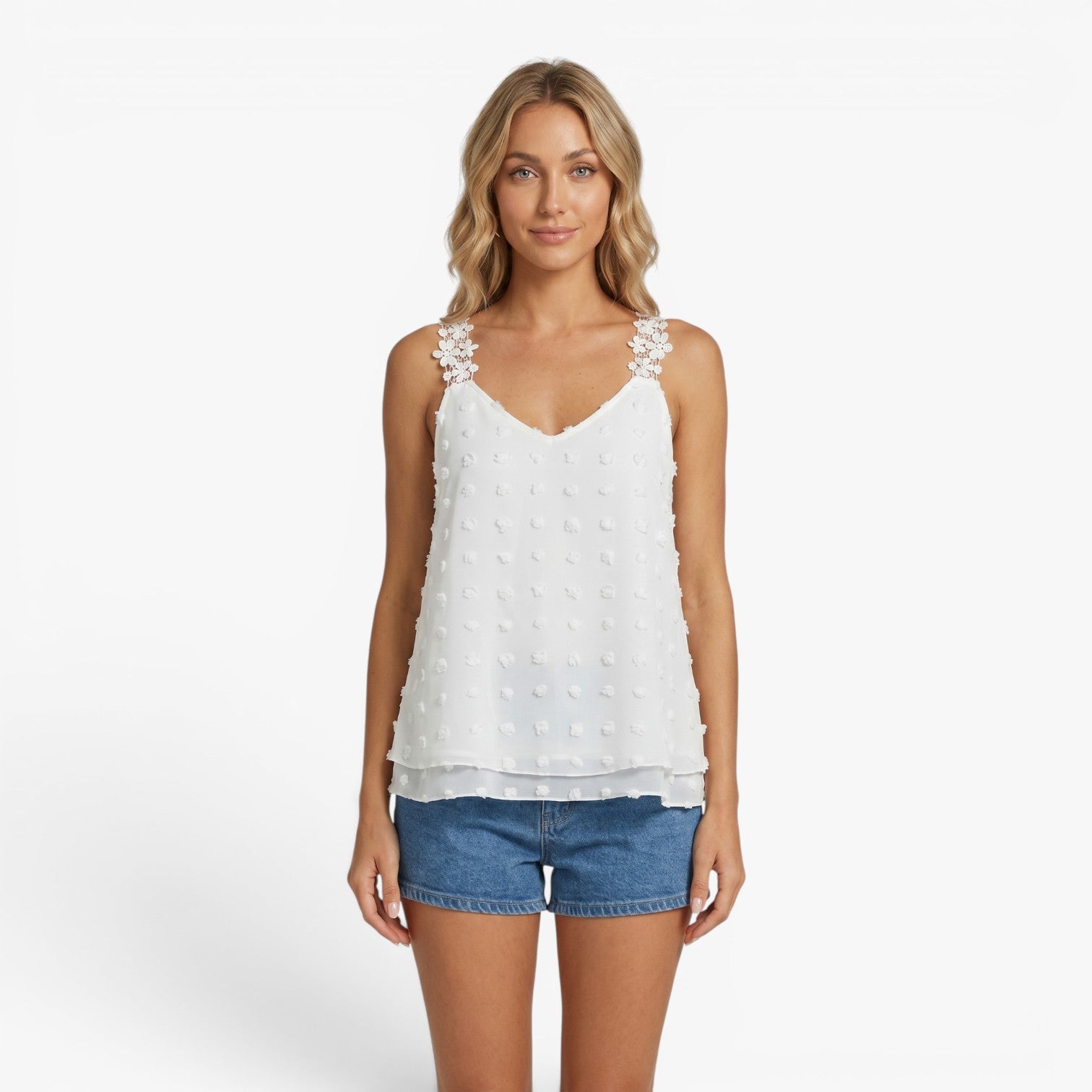 Women's Floral Strap Swiss Dot Tank Top