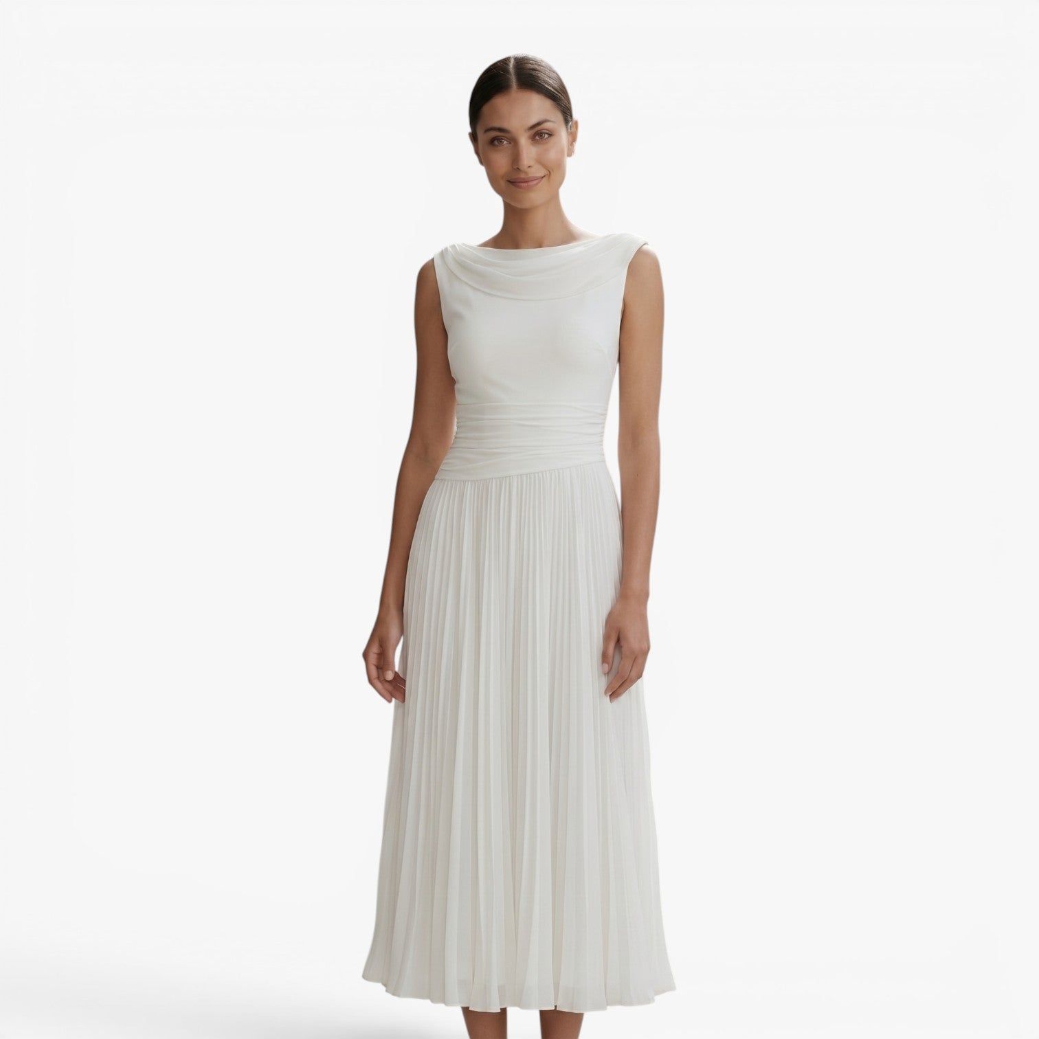 Women's Pleated A-Line Midi Dress with Draped Neckline