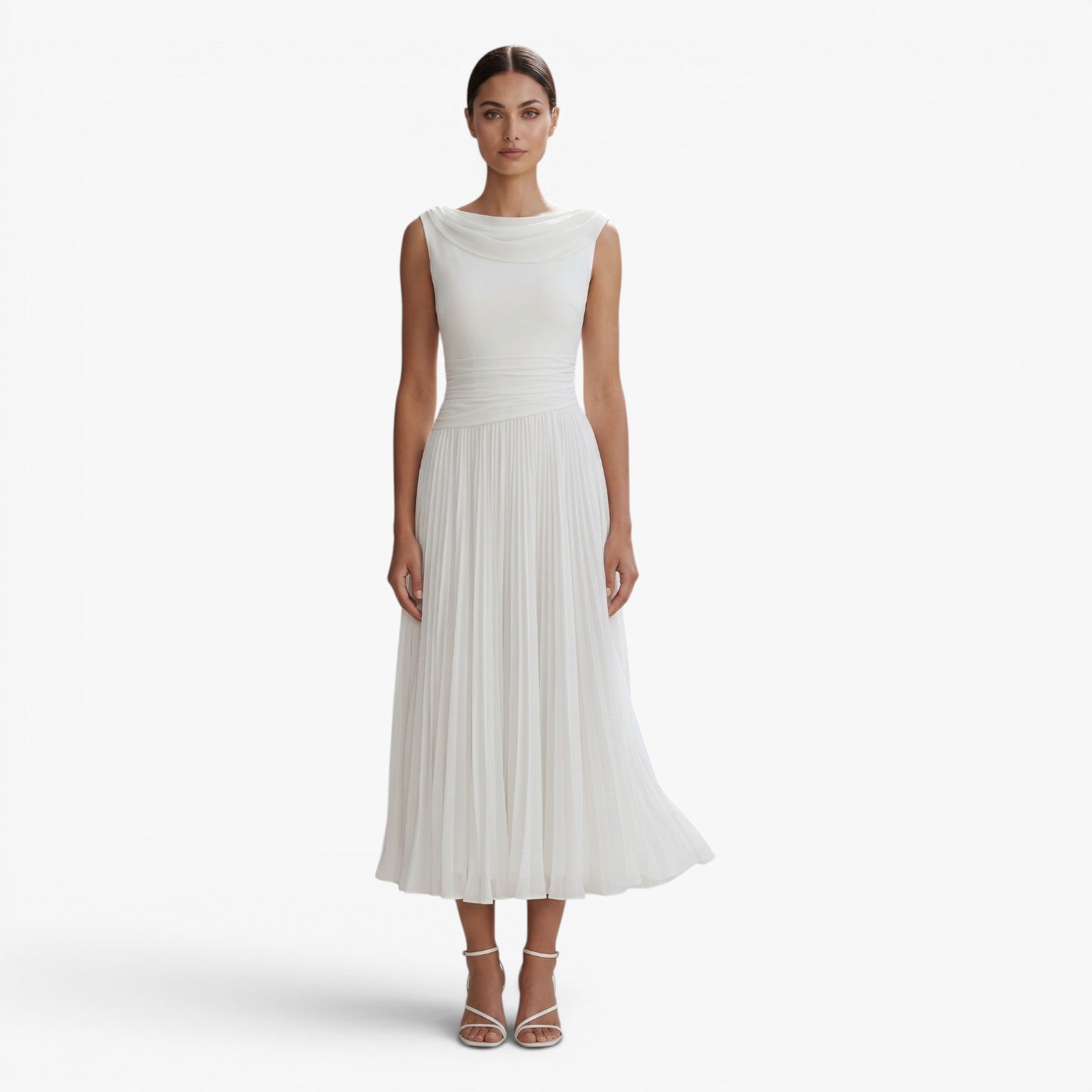 Women's Pleated A-Line Midi Dress with Draped Neckline