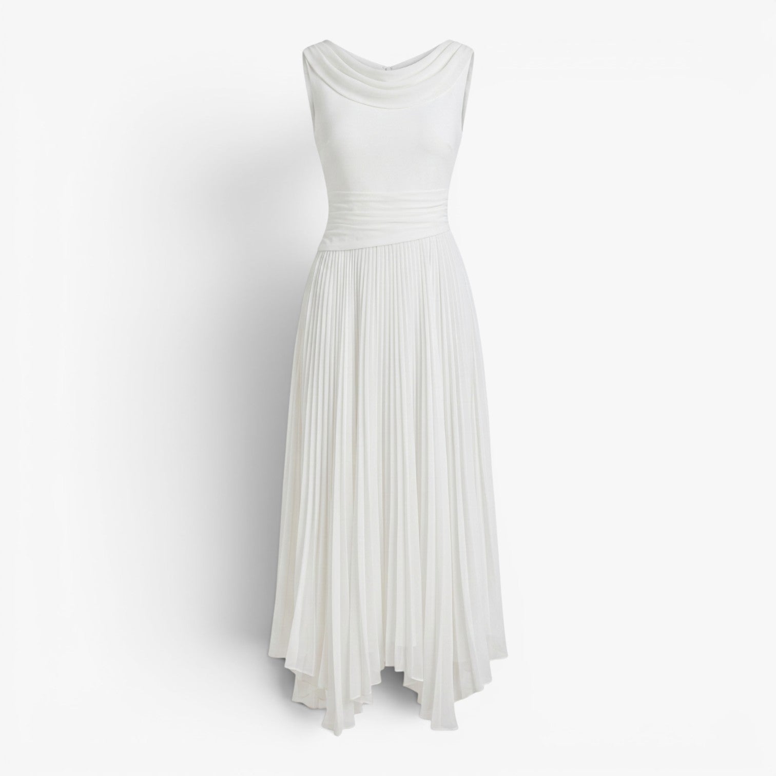 Women's Pleated A-Line Midi Dress with Draped Neckline
