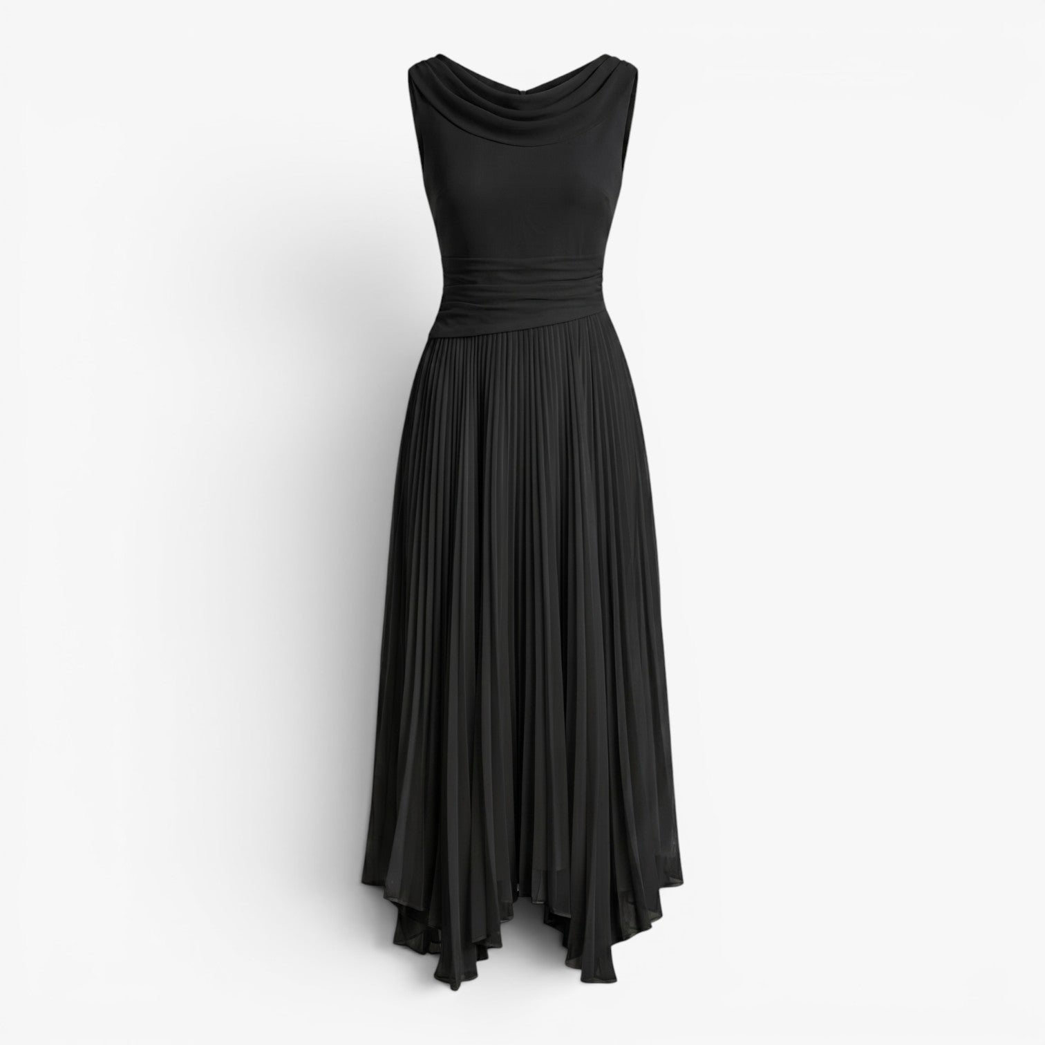 Women's Pleated A-Line Midi Dress with Draped Neckline