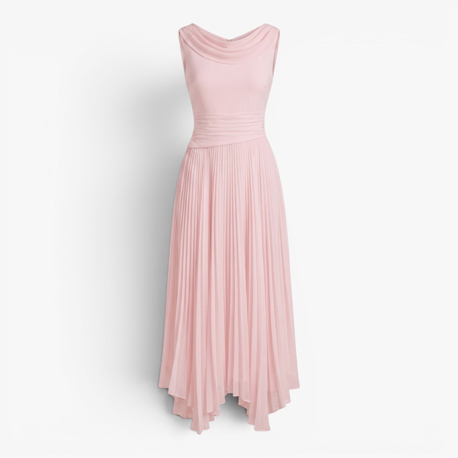 Women's Pleated A-Line Midi Dress with Draped Neckline