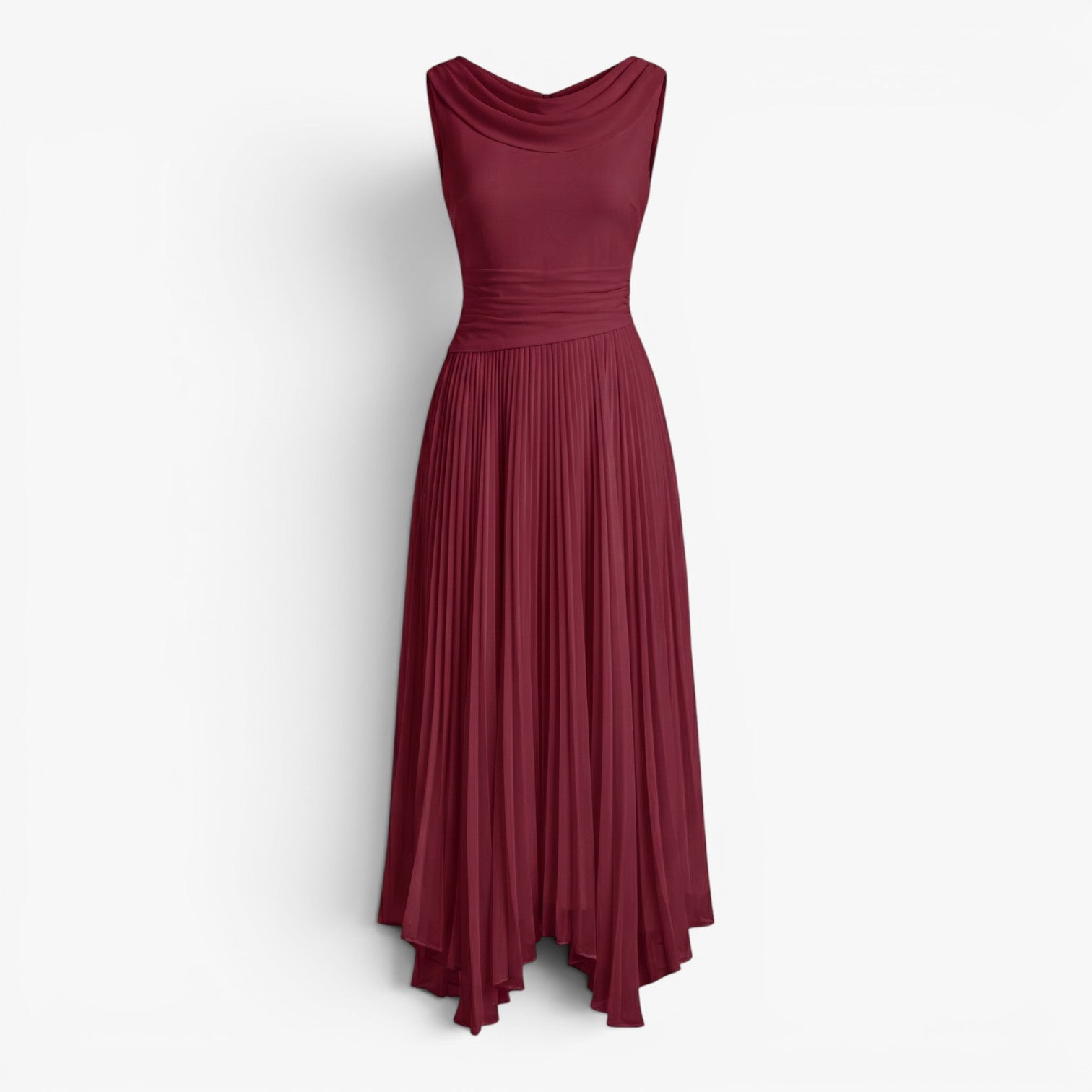 Women's Pleated A-Line Midi Dress with Draped Neckline