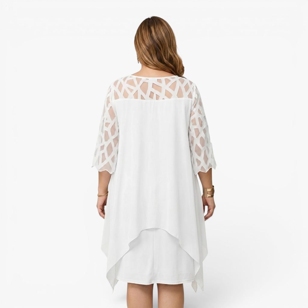 Women's Elegant Asymmetrical Overlay Midi Dress with Cutout Sleeve Detail
