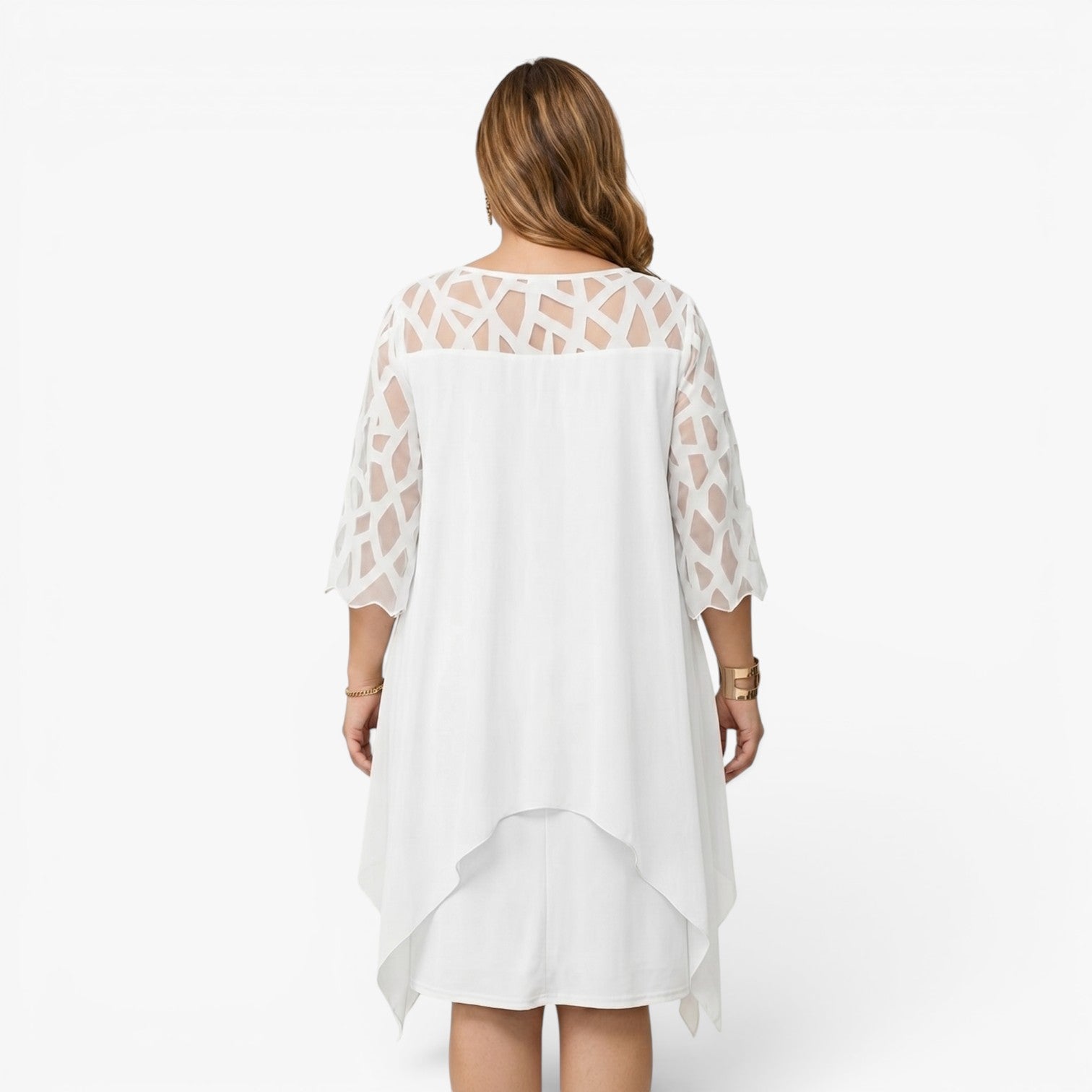 Women's Elegant Asymmetrical Overlay Midi Dress with Cutout Sleeve Detail