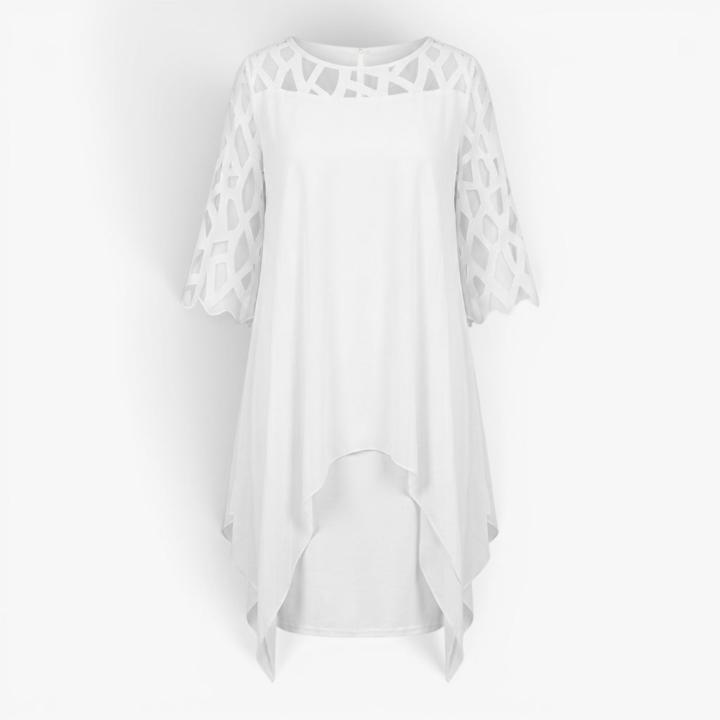 Women's Elegant Asymmetrical Overlay Midi Dress with Cutout Sleeve Detail