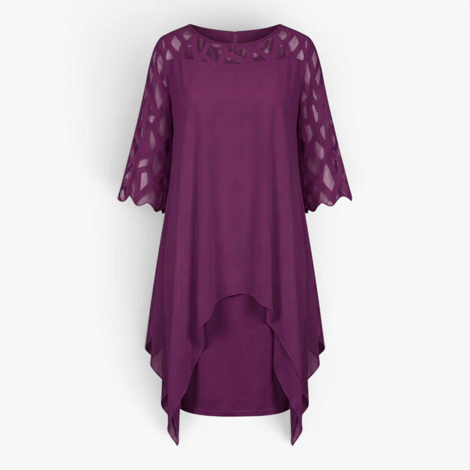 Women's Elegant Asymmetrical Overlay Midi Dress with Cutout Sleeve Detail