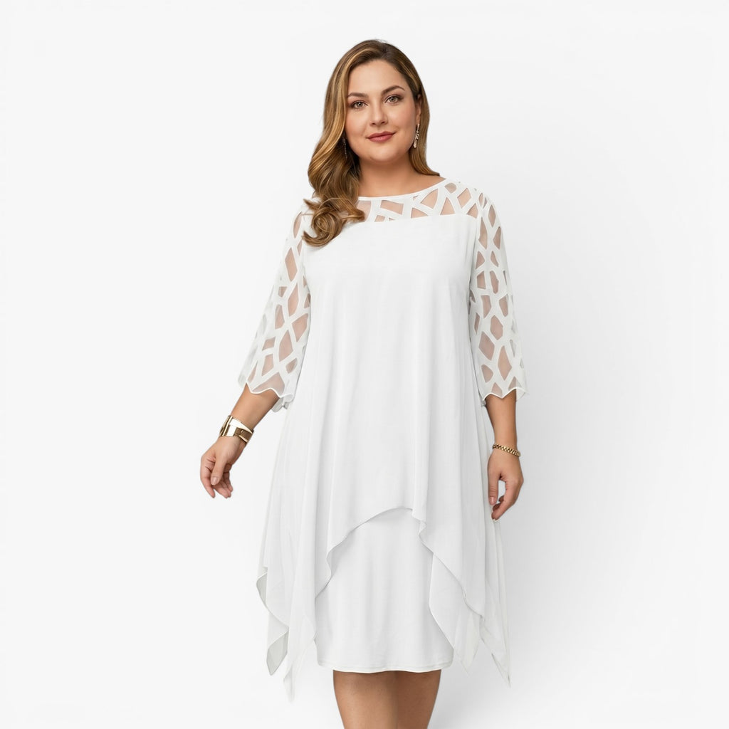 Women's Elegant Asymmetrical Overlay Midi Dress with Cutout Sleeve Detail