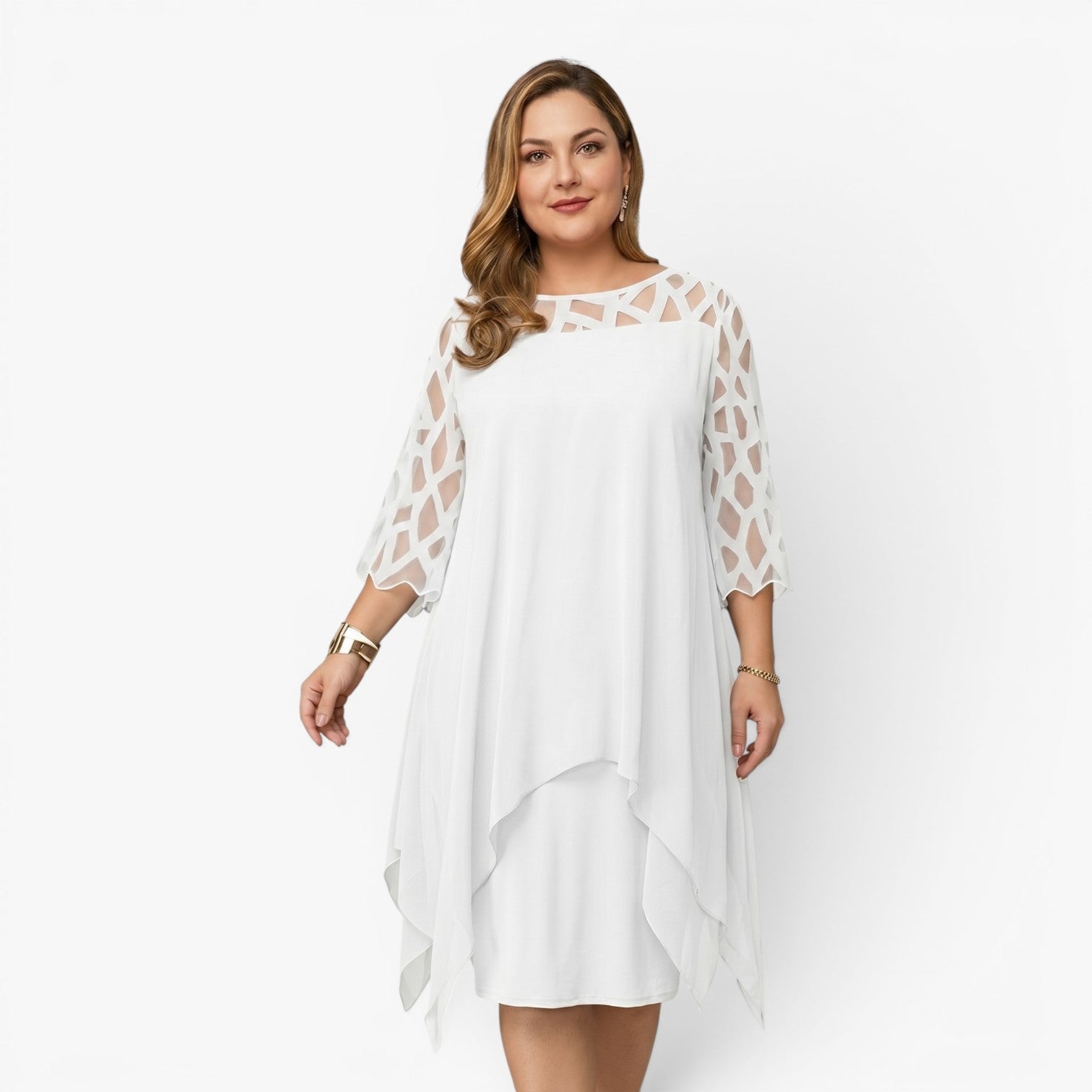 Women's Elegant Asymmetrical Overlay Midi Dress with Cutout Sleeve Detail