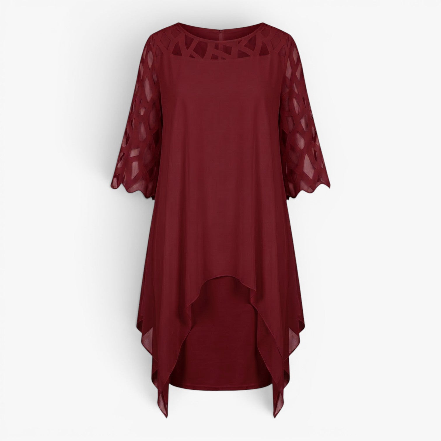 Women's Elegant Asymmetrical Overlay Midi Dress with Cutout Sleeve Detail