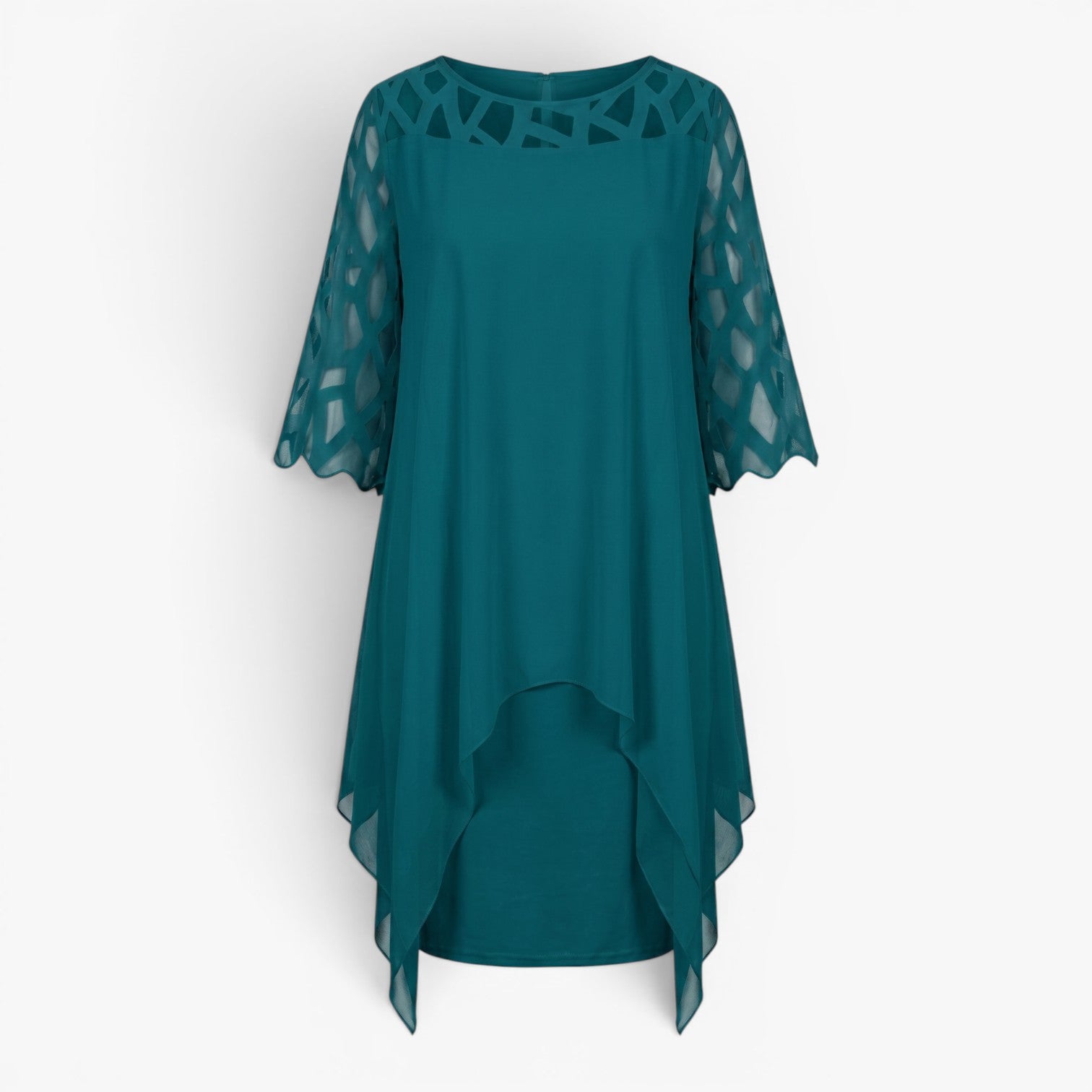 Women's Elegant Asymmetrical Overlay Midi Dress with Cutout Sleeve Detail
