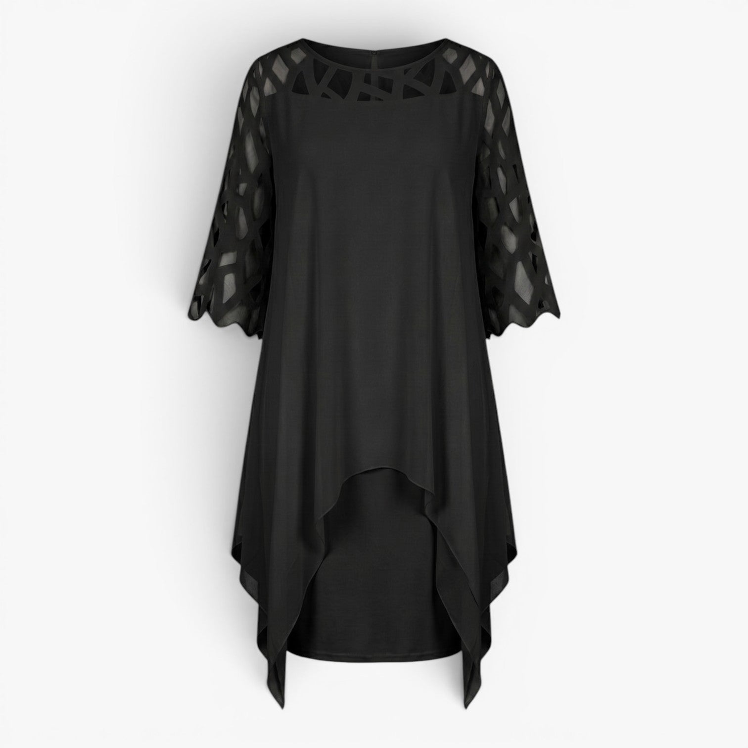 Women's Elegant Asymmetrical Overlay Midi Dress with Cutout Sleeve Detail