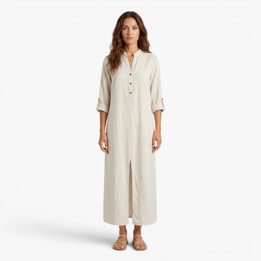 Women's Relaxed Button Front Maxi Dress with Long Sleeves