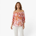 Women's Off-Shoulder Floral Print Smocked Blouse with Relaxed Fit