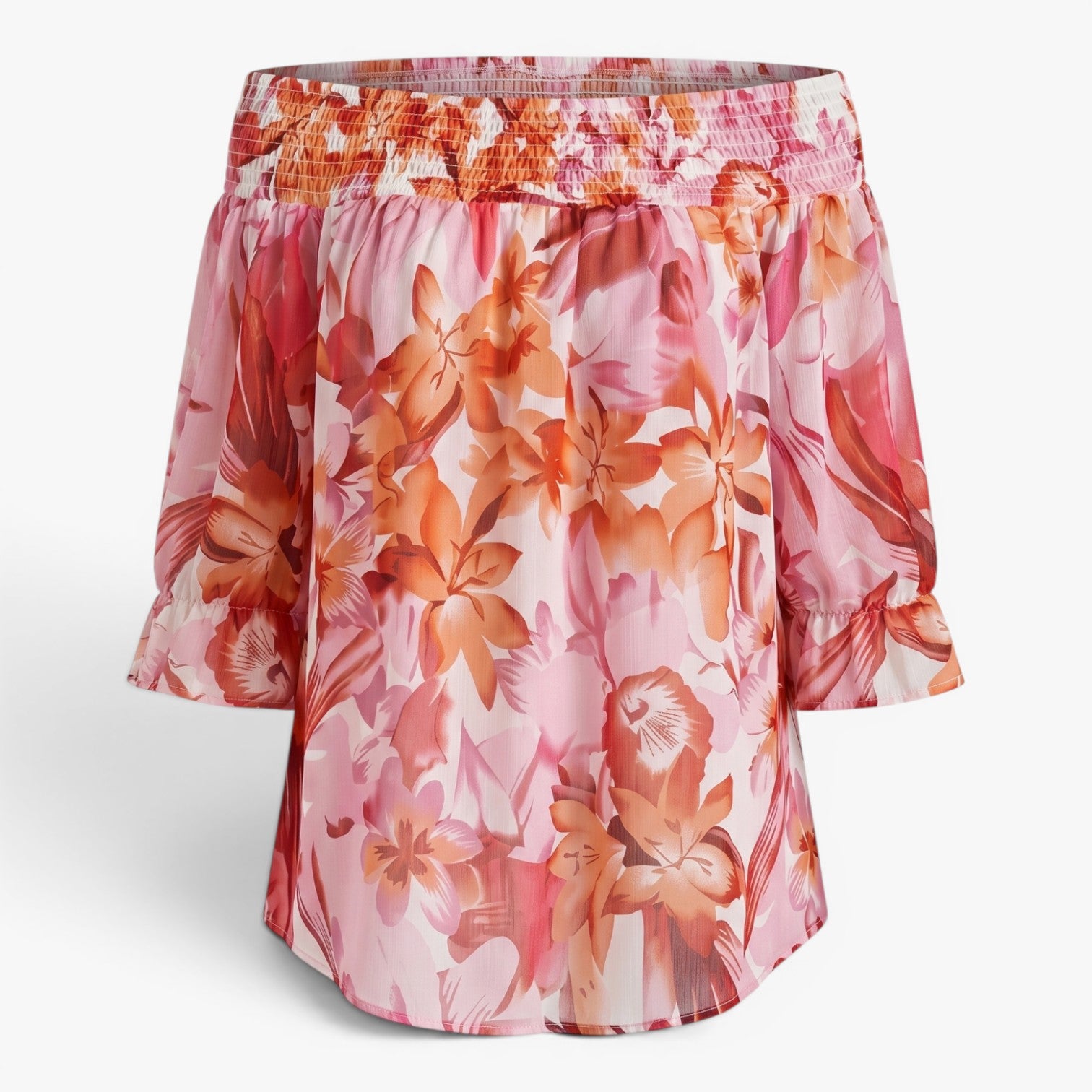 Women's Off-Shoulder Floral Print Smocked Blouse with Relaxed Fit