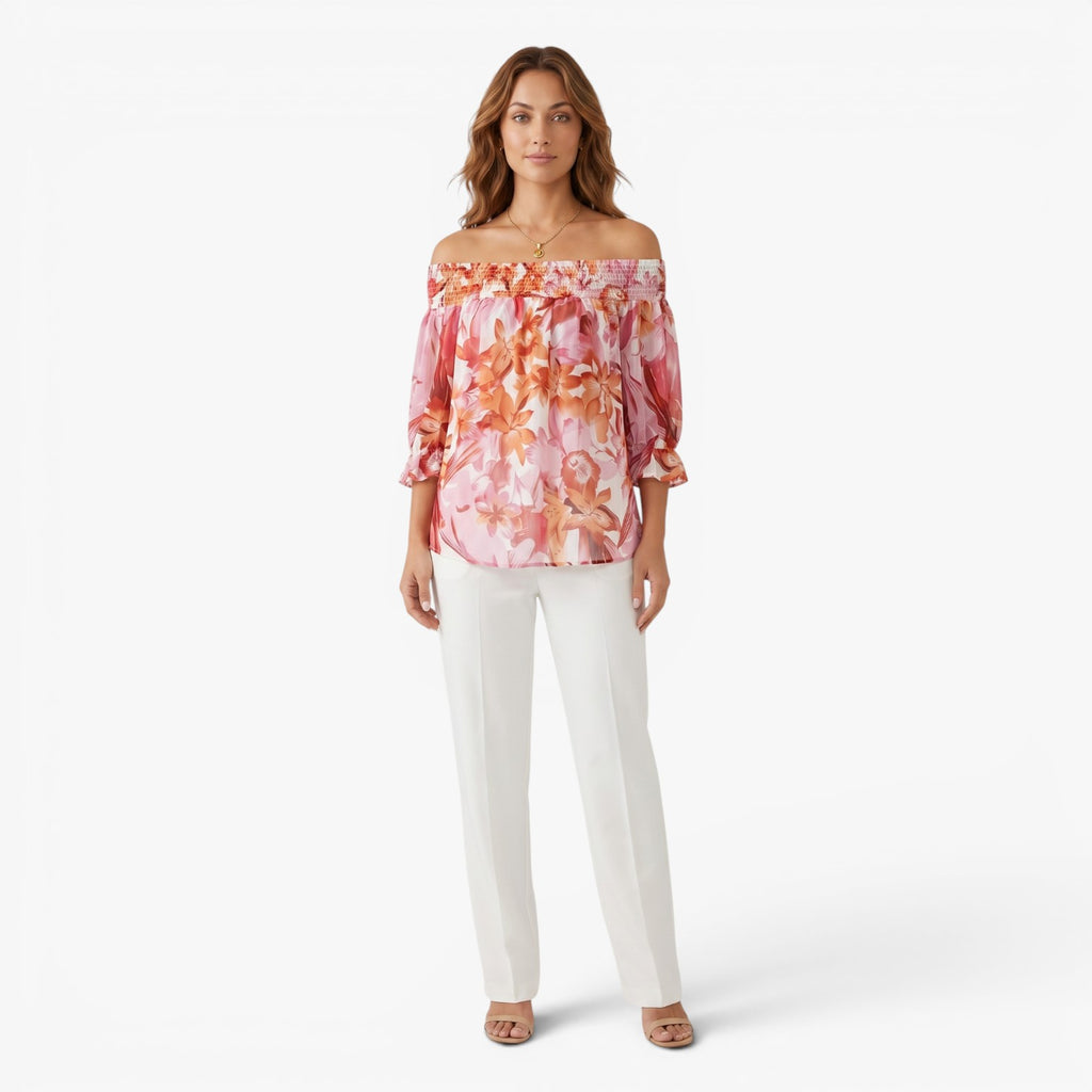 Women's Off-Shoulder Floral Print Smocked Blouse with Relaxed Fit