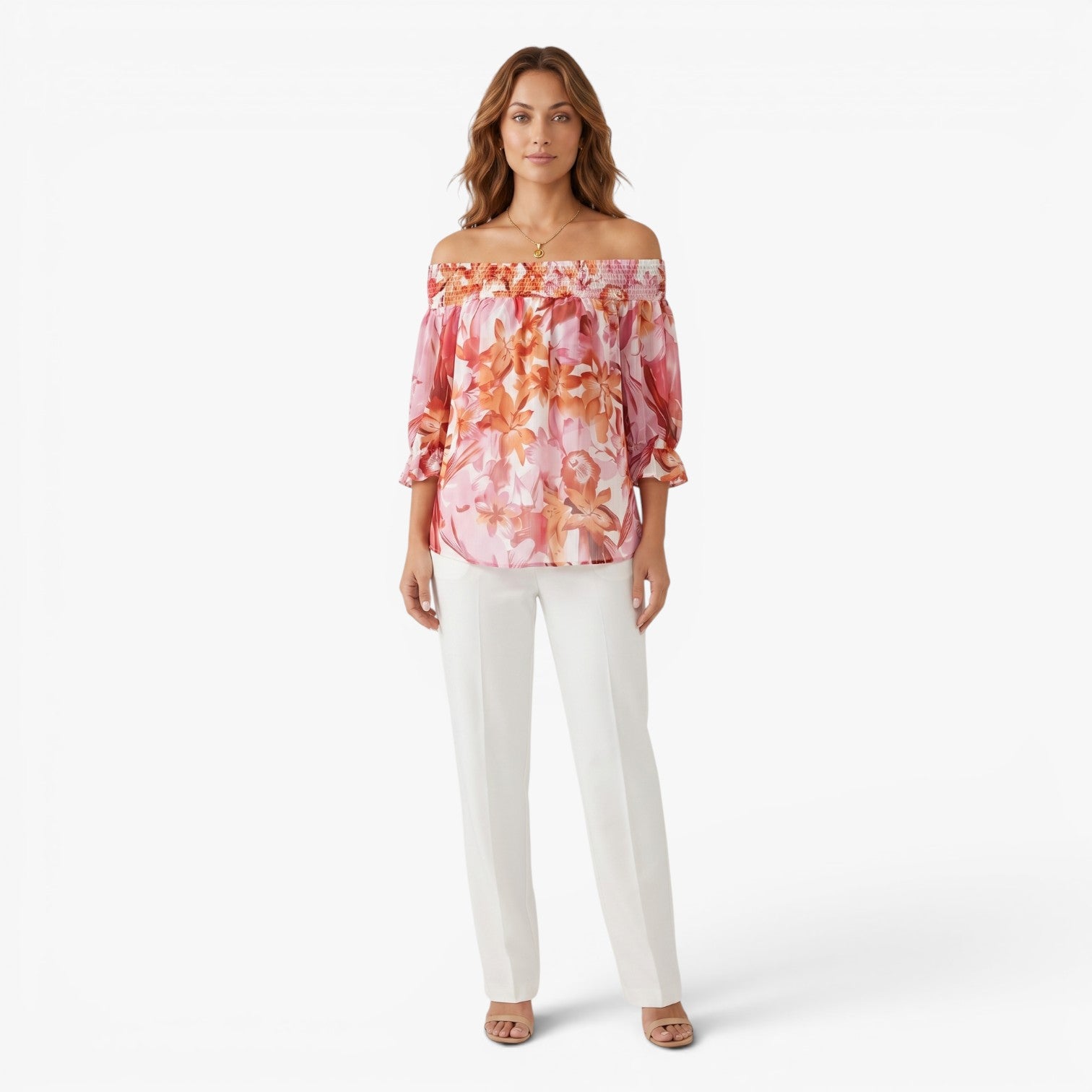 Women's Off-Shoulder Floral Print Smocked Blouse with Relaxed Fit