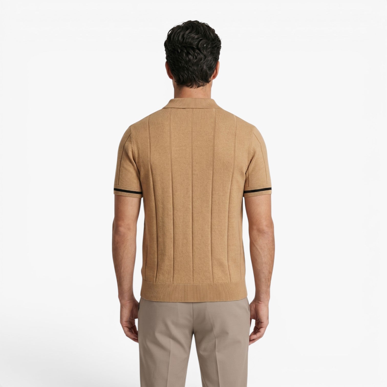 Men's Refined Rib-Knit Zip Polo with Vertical Textured Panels and Tailored Stretch Fit