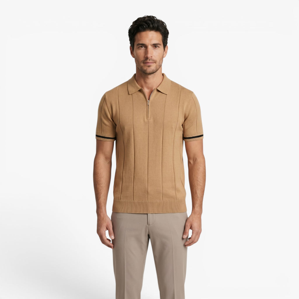 Men's Refined Rib-Knit Zip Polo with Vertical Textured Panels and Tailored Stretch Fit