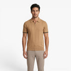 Men's Refined Rib-Knit Zip Polo with Vertical Textured Panels and Tailored Stretch Fit