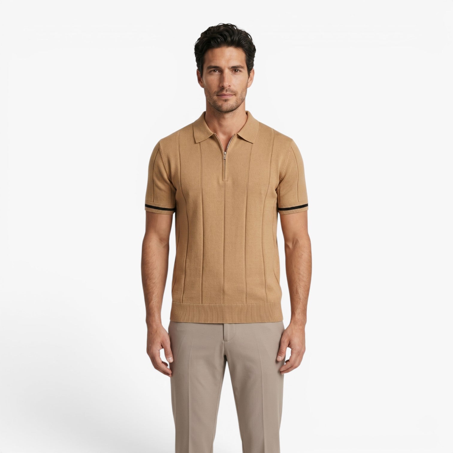 Men's Refined Rib-Knit Zip Polo with Vertical Textured Panels and Tailored Stretch Fit