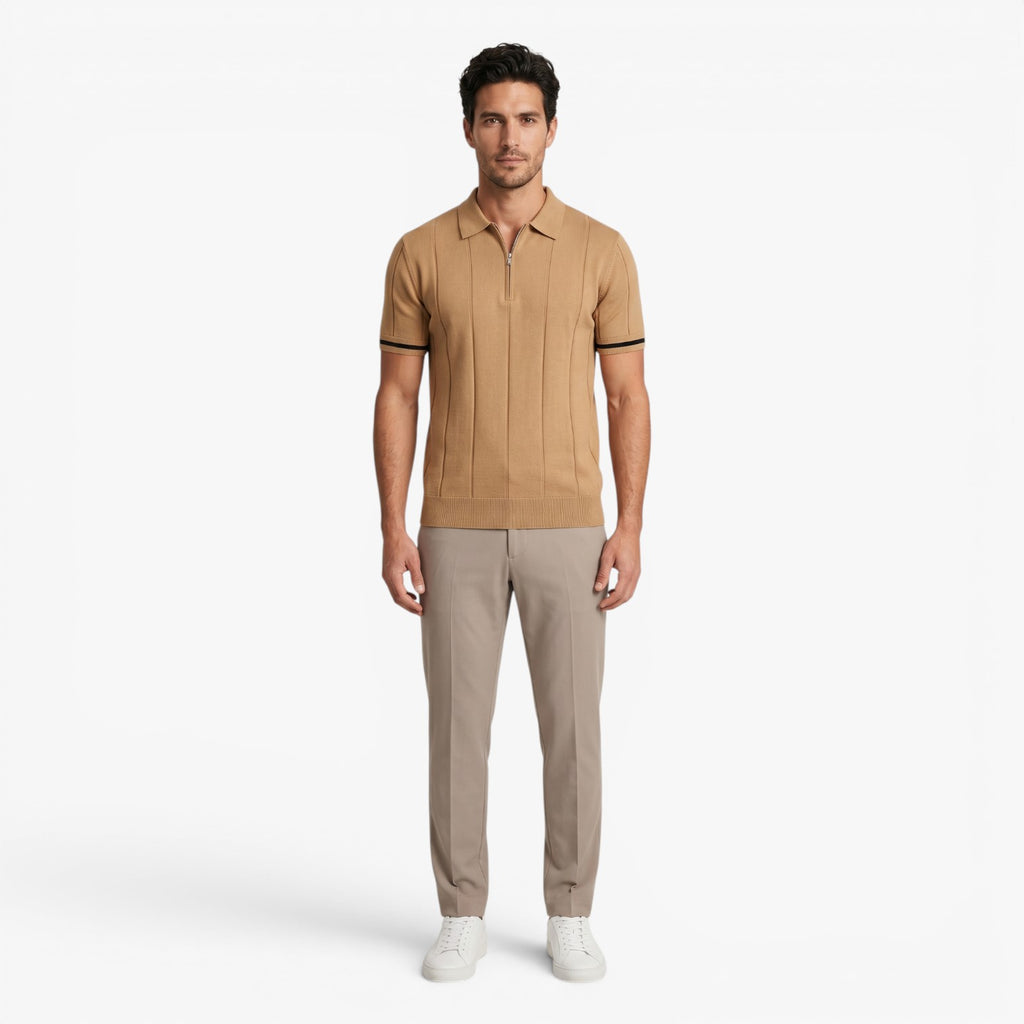 Men's Refined Rib-Knit Zip Polo with Vertical Textured Panels and Tailored Stretch Fit