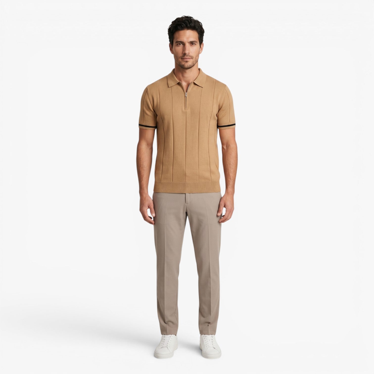 Men's Refined Rib-Knit Zip Polo with Vertical Textured Panels and Tailored Stretch Fit