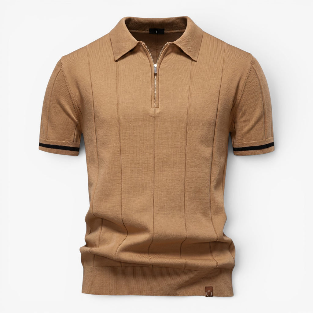 Men's Refined Rib-Knit Zip Polo with Vertical Textured Panels and Tailored Stretch Fit