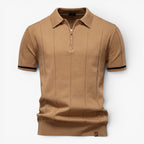 Men's Refined Rib-Knit Zip Polo with Vertical Textured Panels and Tailored Stretch Fit