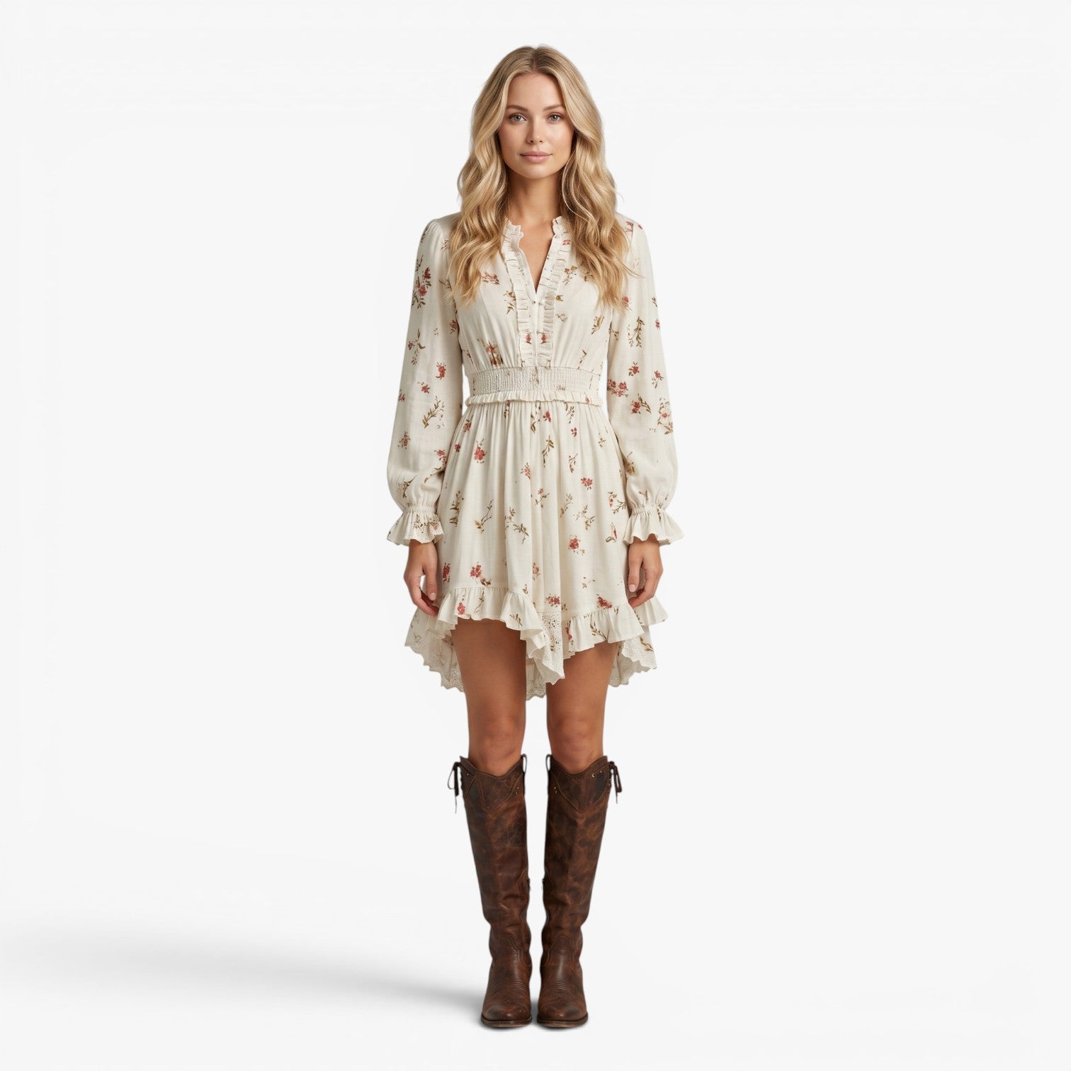Women's Floral Ruffle Hem Long Sleeve Mini Dress