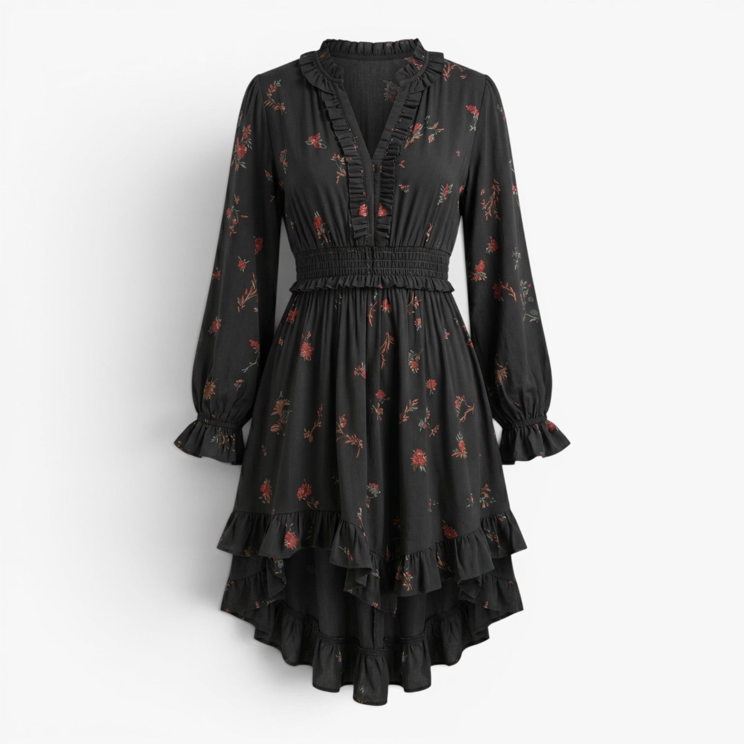 Women's Floral Ruffle Hem Long Sleeve Mini Dress
