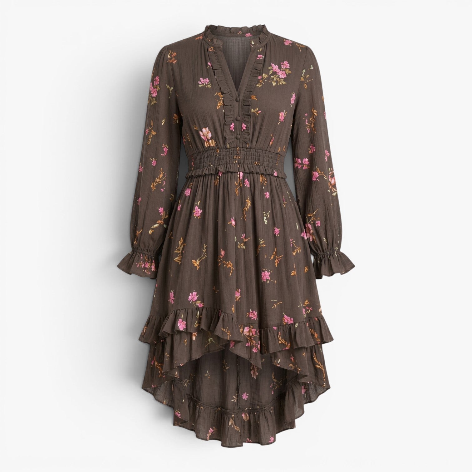 Women's Floral Ruffle Hem Long Sleeve Mini Dress
