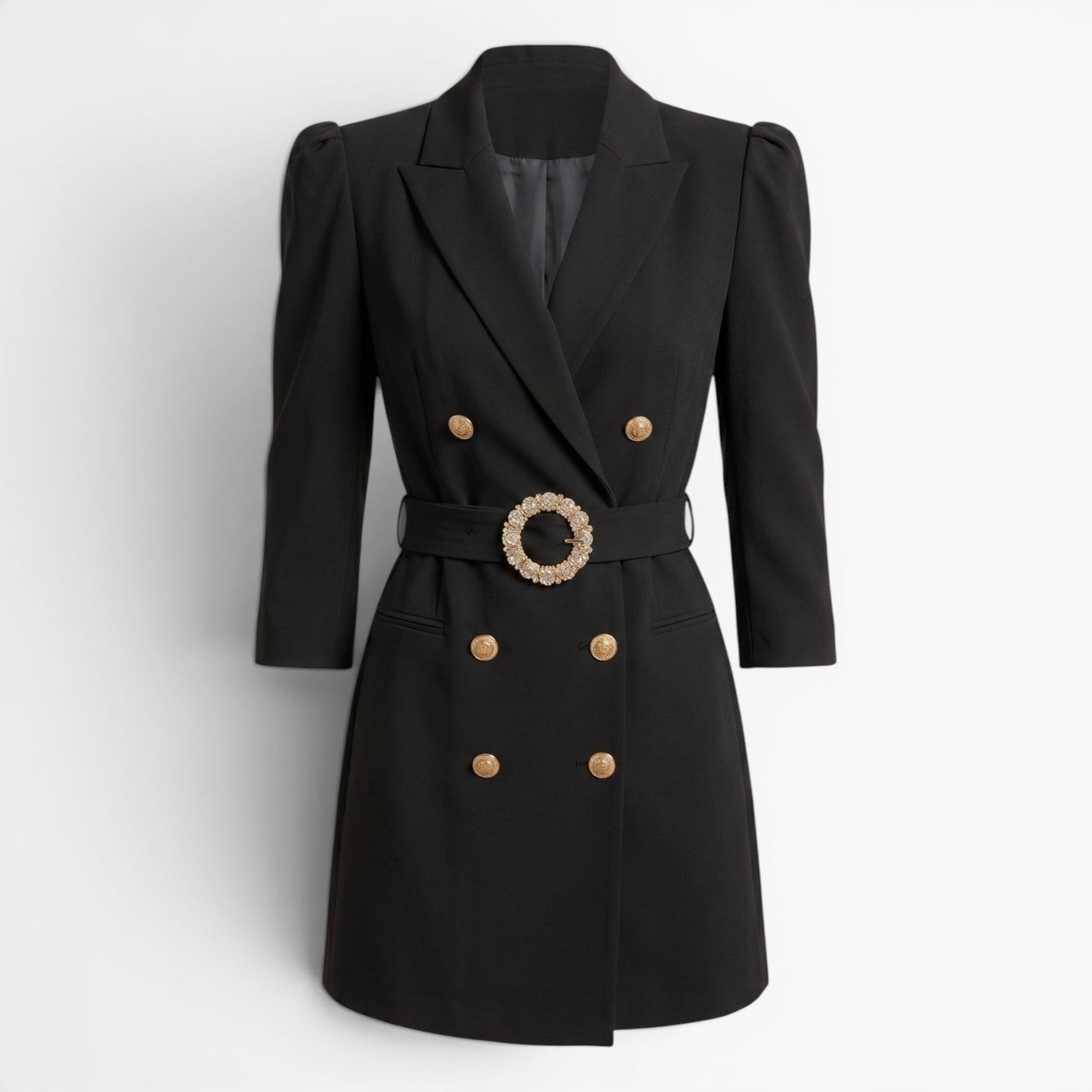 Women's Double-Breasted Blazer Mini Dress with Crystal Buckle Belt and Structured Puff Sleeves