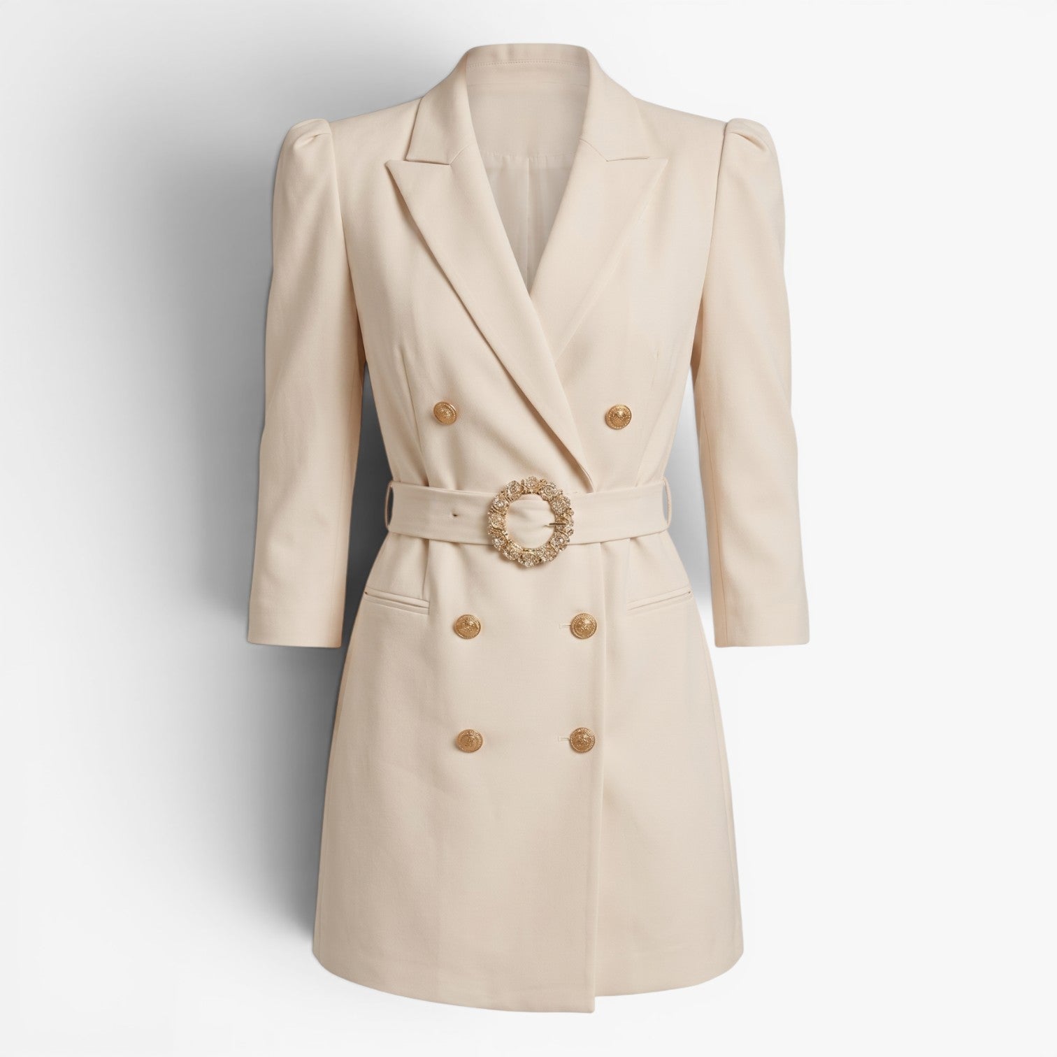Women's Double-Breasted Blazer Mini Dress with Crystal Buckle Belt and Structured Puff Sleeves