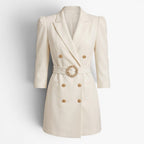 Women's Double-Breasted Blazer Mini Dress with Crystal Buckle Belt and Structured Puff Sleeves
